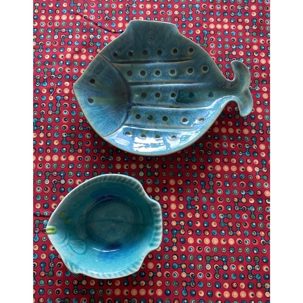 Surya Blue Green 9x7 Flatfish Dish Platter Ceramic Plus Small Fish Bowl 5x4.5